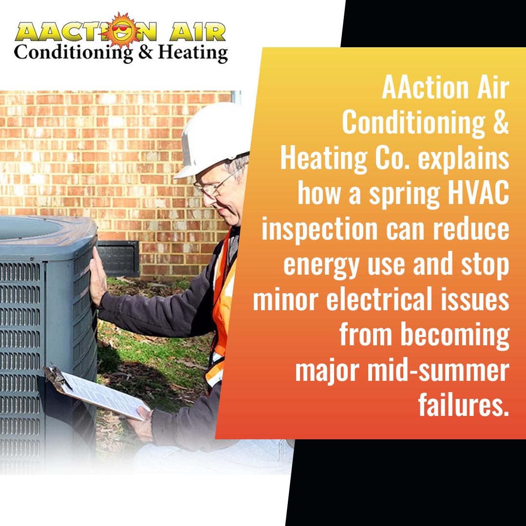 Technician conducting a spring HVAC inspection on an outdoor air conditioning condenser unit.